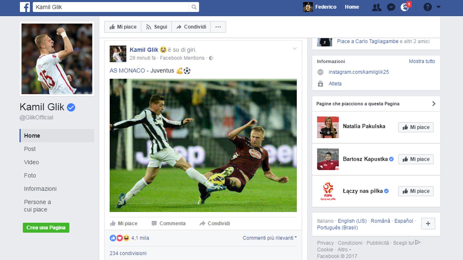 Glik provoca la Juve: è polemica per un post su Facebook