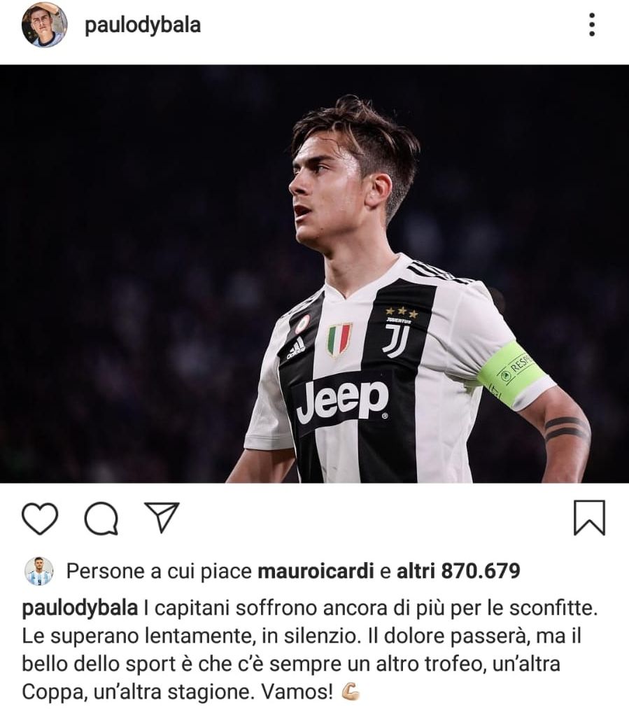 Juve-Ajax, Dybala: 'I capitani soffrono di più'. E c'è il like di Icardi