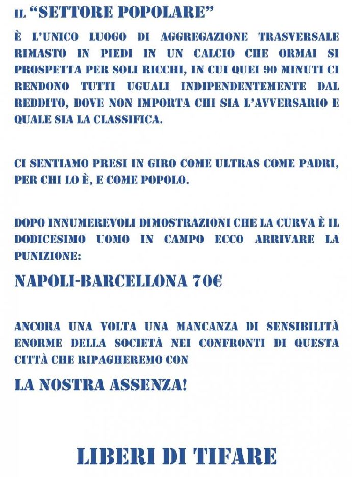 Napoli-Barcellona, la Curva B sarà deserta: 'Biglietti a 70 euro, ci sentiamo presi in giro come tifosi e come popolo!'