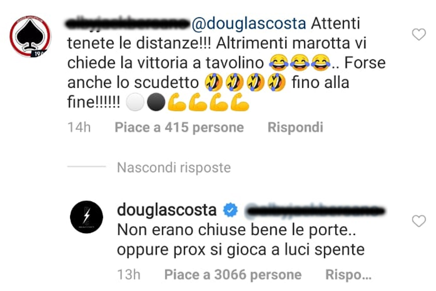 Douglas Costa risponde a un tifoso e lancia una frecciata a Marotta: 'Le porte non erano chiuse bene' FOTO