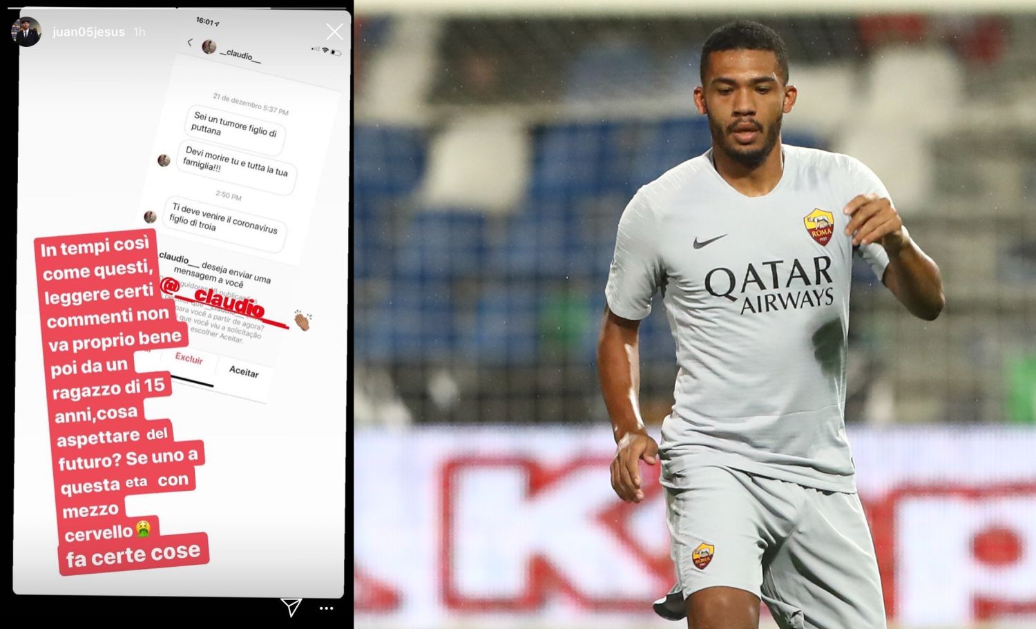 Juan Jesus, sui social gli augurano il coronavirus: lui sbotta FOTO