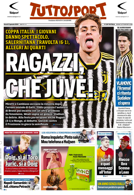 Prime pagine 5 gennaio: Inter pazza di Thuram. Ragazzi, che Juve! Rivoluzione Roma