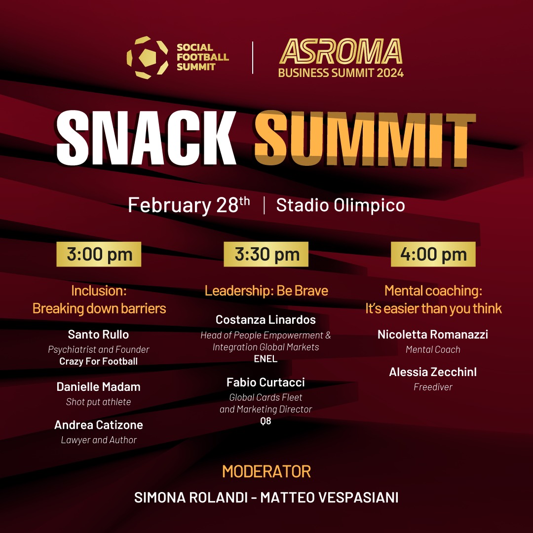 Snack Summit: tutto sull'evento organizzato da Social Football Summit e As Roma del 28 febbraio all'Olimpico